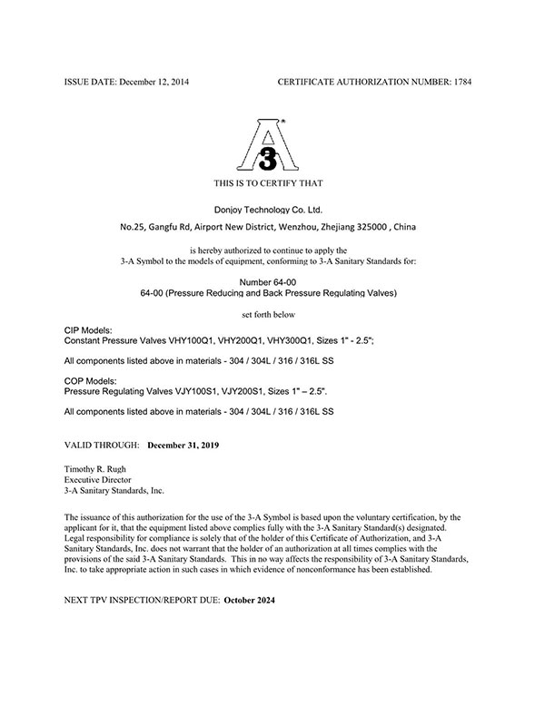 Certificate of safety control valve series: 3-A-64-00-N.O. 1784