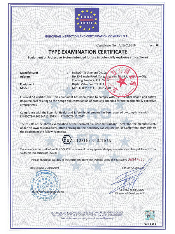 Valve control unit C-TOP-1711 explosion-proof certificate