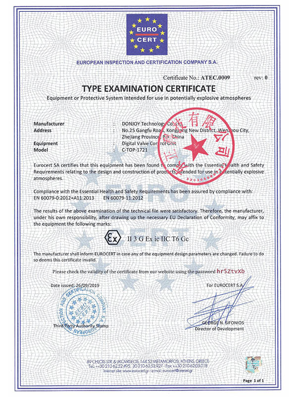 Valve control unit C-TOP-1721 explosion-proof certificate