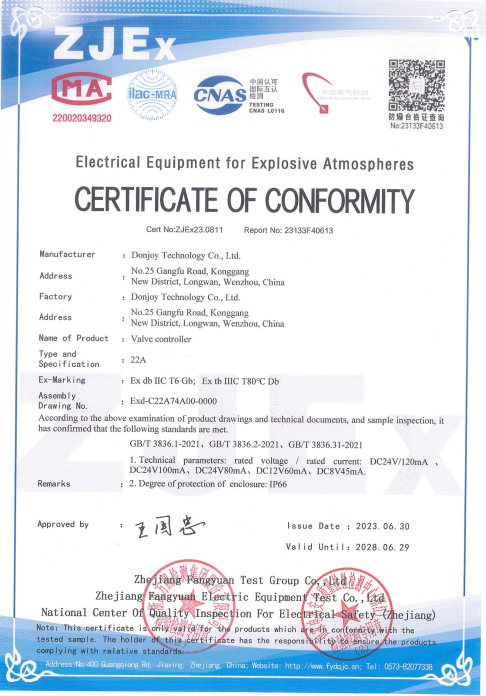 Electrical Equipment for Explosive Atmospheres  Certificate of Conformity Positioner 22A